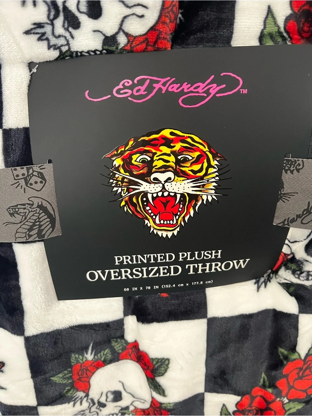 Ed Hardy Checkerboard Skull & Rose Plush Throw Blanket